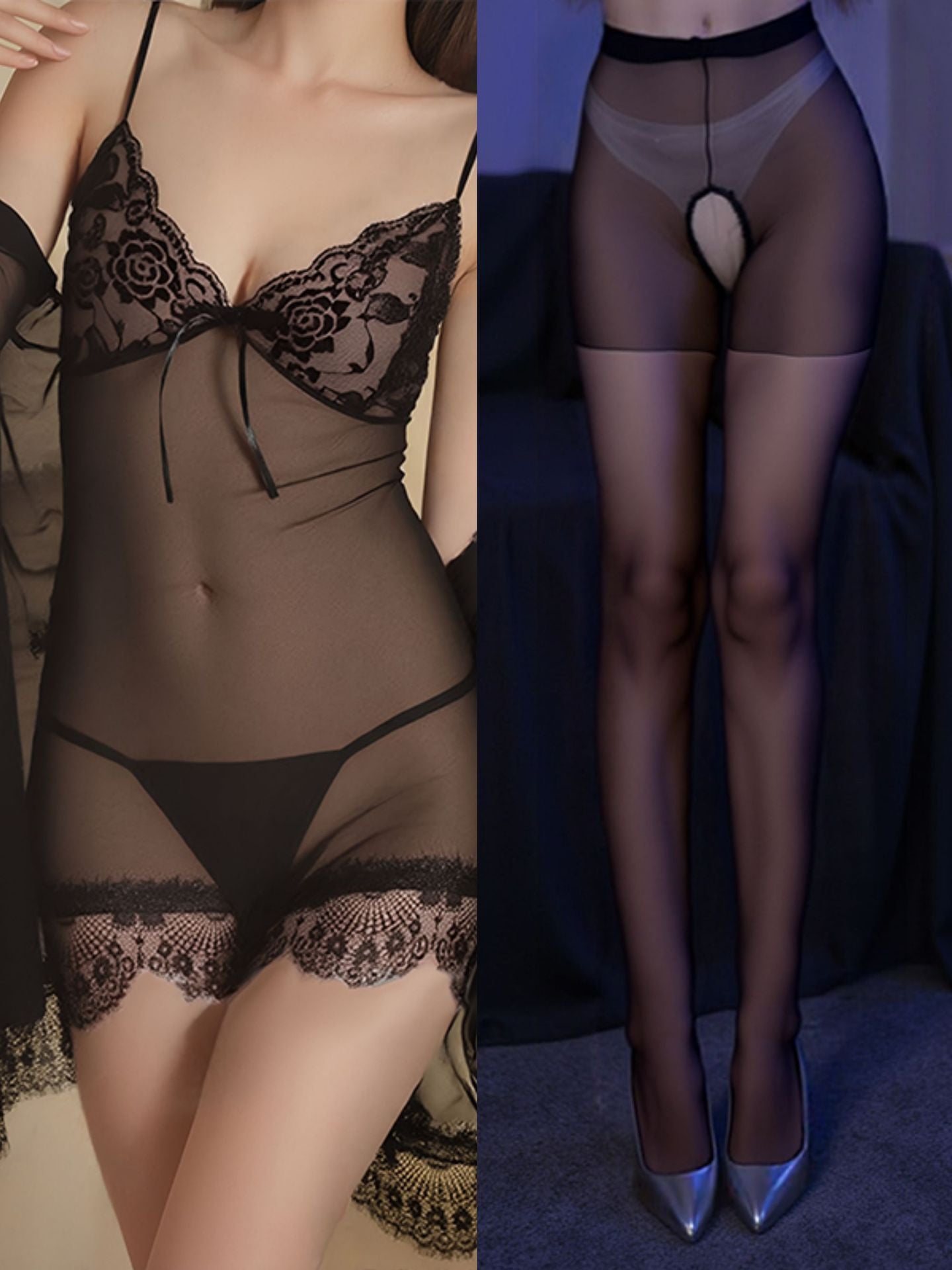 Image of plus size sexy pajamas extreme seduction see-through erotic lingerie sassy lace transparent nightdress passion sundress set